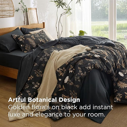 Bedsure Black King Comforter Set - 7 Pieces Floral Bedding Sets King Bed in a Bag with Reversible Botanical Flowers Comforter, Sheets, Pillowcases & Shams