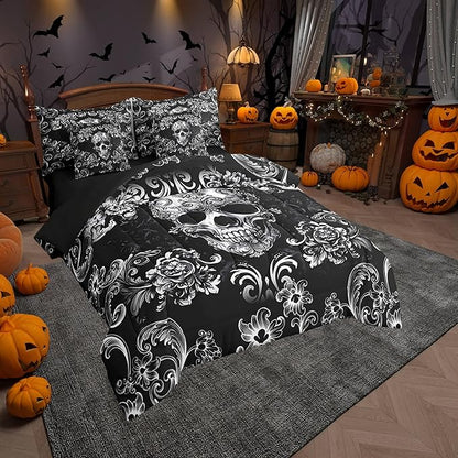 Castle Fairy Halloween Skeleton Comforter Set Full Size,Halloween Gothic Skull Bedding Set,White Lace Flowers Print Bed Set 7 Pieces(Comforter+Fitted+Flat Sheet+Pillowcase+Pillow Cover)