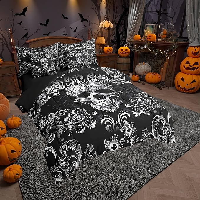Gothic Skull Comforter Set in a Bag 7 Pieces,Halloween Flower Skeleton Bed Set Twin,Bohemian Victorian Style Bedding Sets,(1 Comforter,2 Pillowcase,2 Pillow Covers,1 Flat Sheet,1 Fitted Sheet)