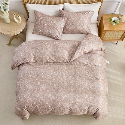 AMWAN Khaki Comforter Set Full 3 Piece, Botanical Bedding Set 1 Comforter + 2 Pillowcases, All Seasons Floral Warm Fluffy Boho Bed Set