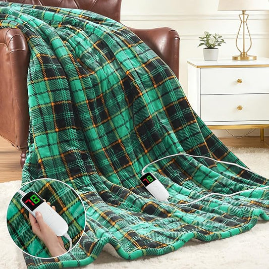 Green Heated Blanket Electric Throw 50X60, Heating Blanket for Couch, Plaid Sherpa Winter Blankets Warmer, 10 Levels & 8-Hour Auto Off, Fast Heated House Warming Gifts New Home Christmas Decor for Mom