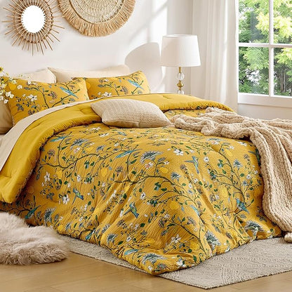 MUSSEL Yellow Bedding Queen Comforter Set 3 Pieces,Vintage Botanical Floral Pattern Bed Comforter Sets,Boho Whimsical Modern Printed Design Cute Seersucker Bedroom Comforter and Shams