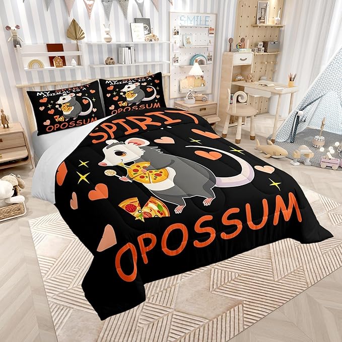 Cute Opossum Bedding Set for Boys Girls,Pizza Candy Dessert All Season Cozy Comforter Set Full Size,Cartoon Animal Theme Duvet Set Bedroom Decor,Festival Gifts