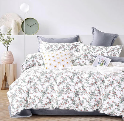 White Floral Cotton Comforter Queen Size - 3PC Lightweight Bedding Sets with Soft Fill, Elegant Pale Purple & Burgundy Botanical Patterns with Light Gray Reversible Design