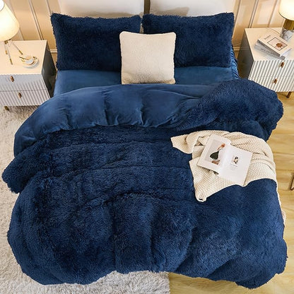 Andency Fluffy Navy Blue Comforter Set Full Size, 3 Pieces Winter Faux Fur Warm Soft Fuzzy Plush Bedding Comforter Set (1 Velvet Comforter & 2 Pillowcases), Thick Heavy Comfy Comforters Bedding Set