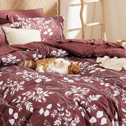 Bedsure Full Size Comforter Set - 7 Pieces Floral Burgundy Soft Bedding Sets, Full Bed in a Bag with Botanical Flowers Comforter, Sheets, Pillowcases & Shams
