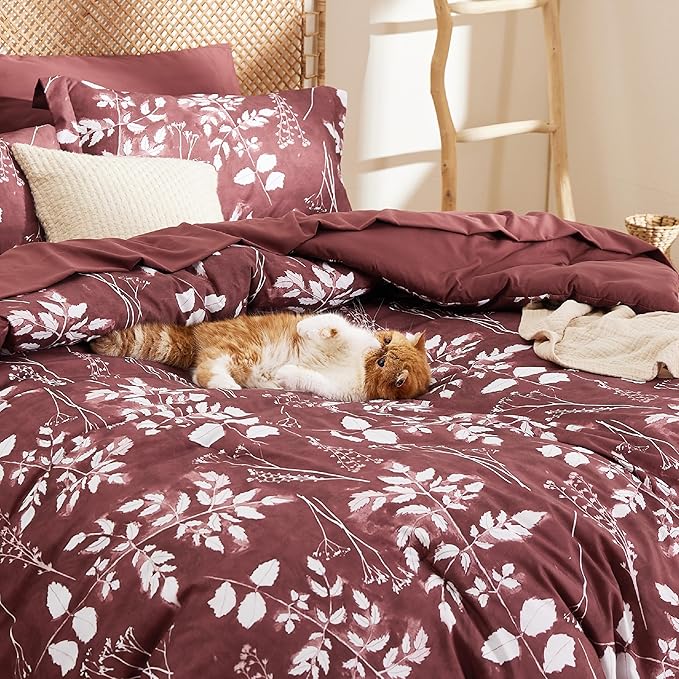 Bedsure King Size Comforter Set - 7 Pieces Floral Burgundy Soft Bedding Sets, King Bed in a Bag with Botanical Flowers Comforter, Sheets, Pillowcases & Shams