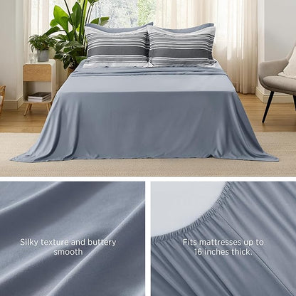 Bedsure Full Comforter Set 7 Pieces, Dark Grey Striped Bedding Set for All Seasons, Reversible, Cationic Dyeing Bed in a Bag with Comforter, Sheets, Pillowcases & Shams