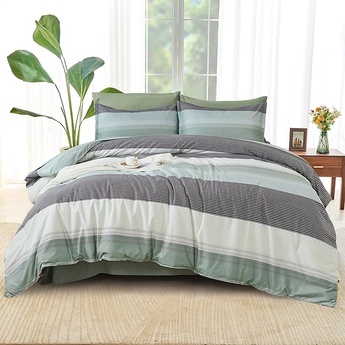 Andency Queen Comforter Set Sage Green - 7 Pieces Green Striped Bed in a Bag, Soft Microfiber All Season Patchwork Bedding Set with Comforter, Fitted & Flat Sheet, Pillowcases & Shams