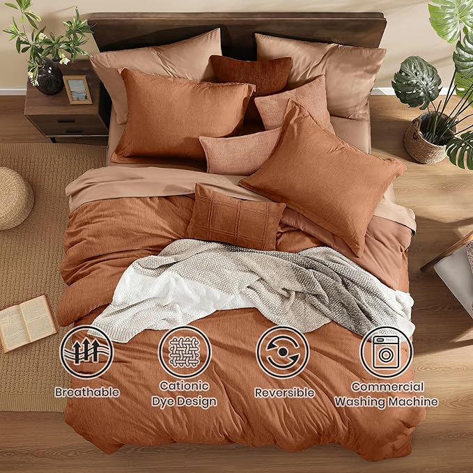 Monbix California King Comforter Set - 7 Pieces Cationic Dyeing Autumn Leaf Bed in a Bag Cal King Bed Sets with Comforter, Sheets, Pillowcases & Shams, Reversible Bedding Comforters Sets