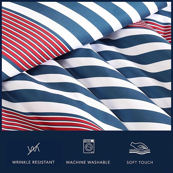 Nautica - Full/Queen Comforter Set, Ultra Soft Bedding with a Woven Textured Feel, Medium Weight for Year Round Comfort, 3 Piece Bed Set with Matching Pillowcases (Kennedy Stripe Navy)