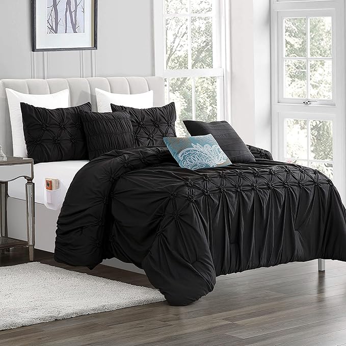 Elegant Comfort 12-Piece Bed-in-a-Bag, Ella Pleated Ruched Pintuck Comforter Set, 6-Piece Sheet Set Featuring Smart Pockets, Matching Decorative Pillows, All Season Bedding, Full, Black