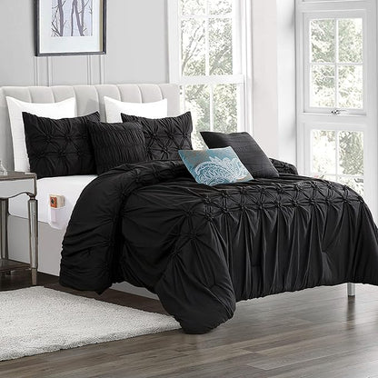 Elegant Comfort 12-Piece Bed-in-a-Bag, Ella Pleated Ruched Pintuck Comforter Set, 6-Piece Sheet Set Featuring Smart Pockets, Matching Decorative Pillows, All Season Bedding, Full, Black