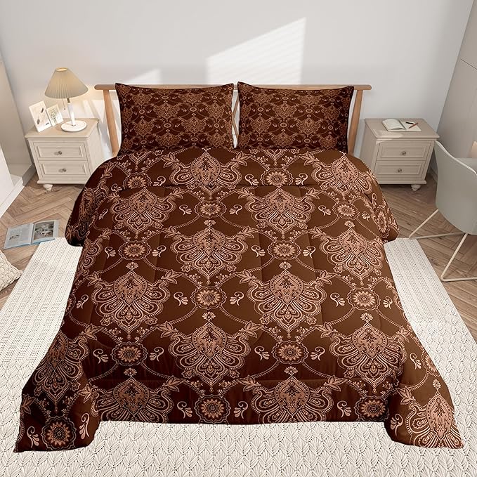 Feelyou Adults Brown Vintage Damask Floral Comforter Set Antique Drawing Classical Paisley Comforter Twin Size Gothic Bohemia Boho Floral Bedding Set Hotel Style Duvet Set Quilt Set 2Pcs