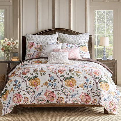 Levtex Home - Maileen Dusty Rose Quilt Set - Full/Queen Quilt and Two Standard Shams - Floral - Dusty Rose Ochre Blue Green Brown Off-White -Quilt (88x92in.) and Shams (20x26in.)- Reversible - Cotton