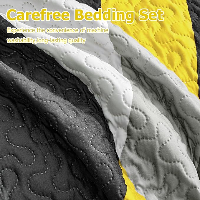 weesire Black and Yellow Bedding Quilt Queen Size with 2 Shams, Modern Stripe Comforter Sets Classic Line Pattern Bedspreads Grey and Yellow Coverlet, 90''x96''