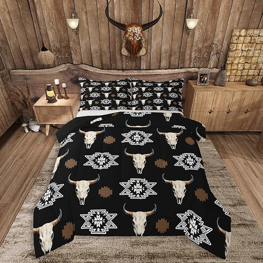Feelyou Black Bull Skull Comforter Set Queen Size Kids Western Aztec Duvet Quilt for Boys Girls Teens Southwestern Bohemian Boho Wild Cowboy Tribal Rustic Bedding Set Soft Room Decor 3Pcs