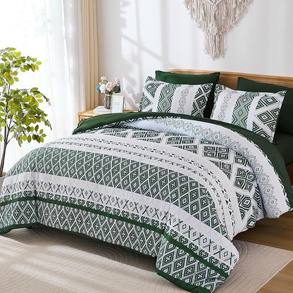 Luxudecor Green Comforter Set Queen Size 7 Pieces,Boho Aztec Comforter with Sheet Set,Geometric Striped Pattern Bed in a Bag,Soft Microfiber Bed Set 90"x90"
