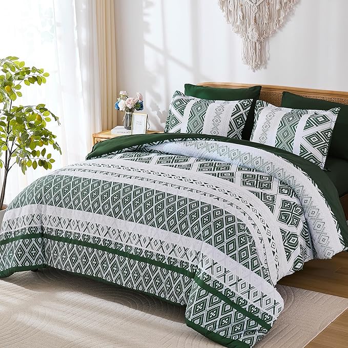 Luxudecor Green Comforter Set King Size 7 Pieces,Boho Aztec Comforter with Sheet Set,Geometric Striped Pattern Bed in a Bag,Soft Microfiber Bed Set 104"x90"