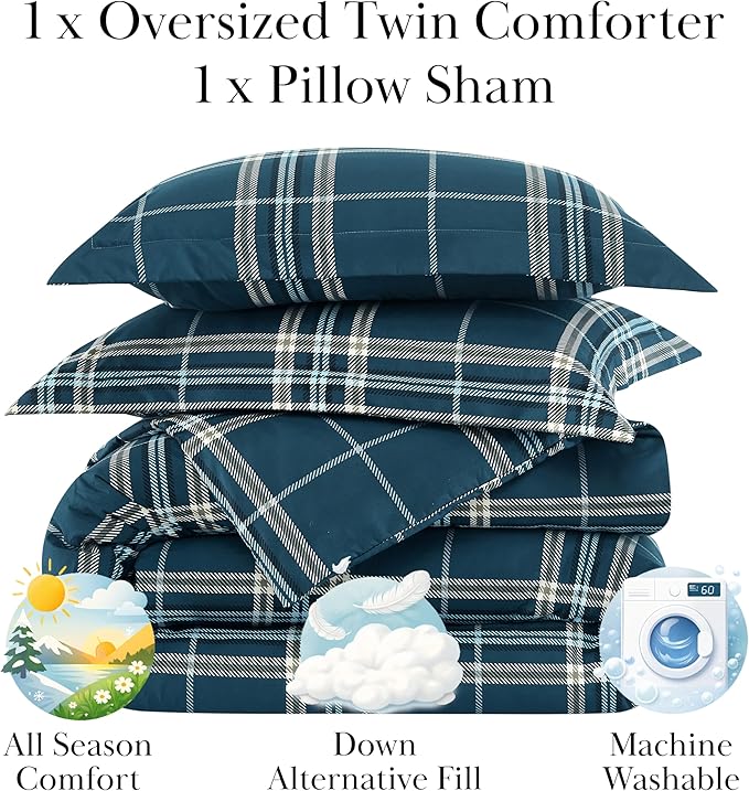 Southshore Fine Living, Inc. Vilano Plaid Collection - Twin Bed Comforter Set, Dorm Premium Bedding, All-Season Down Alternative Lightweight, Oversized 2-Piece Soft Comforter Set, Twin/XL, Blue