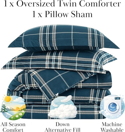 Southshore Fine Living, Inc. Vilano Plaid Collection - Twin Bed Comforter Set, Dorm Premium Bedding, All-Season Down Alternative Lightweight, Oversized 2-Piece Soft Comforter Set, Twin/XL, Blue