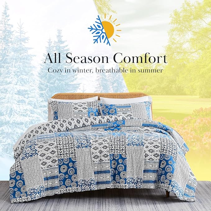Southshore Fine Living, Inc. Twin Comforter Set with One Pillow Sham, Reversible Bedding Set - Global Patchwork Quilt - Alternative Down Comforter for Twin/XL Mattress, Soft Microfiber, Blue & White
