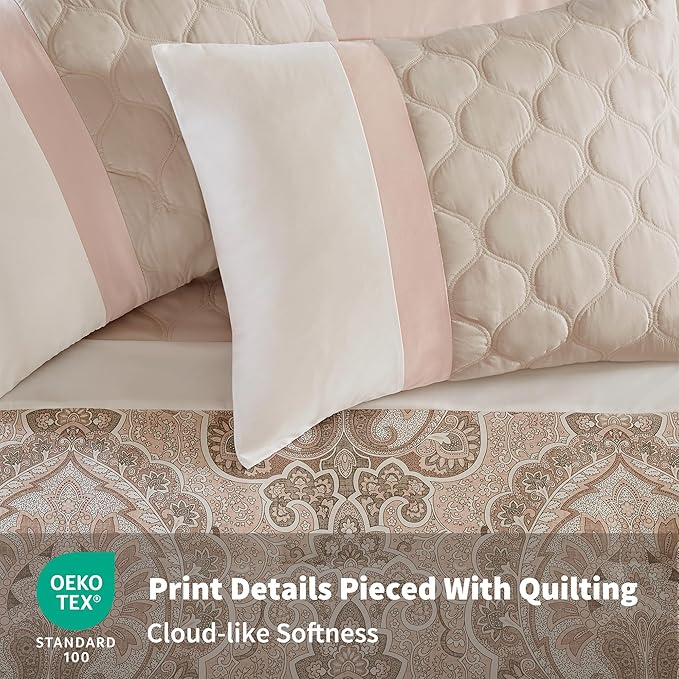 510 DESIGN Luxe Quilted Comforter Set Modern Transitional Design, All Season Down Alternative Warm Bedding Matching Shams, Bedskirt, Decorative Pillow, King, Shawnee Scrollwork Blush