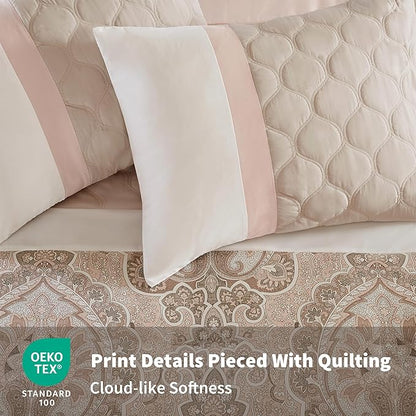 510 DESIGN Luxe Quilted Comforter Set Modern Transitional Design, All Season Down Alternative Warm Bedding Matching Shams, Bedskirt, Decorative Pillow, Cal King, Shawnee Scrollwork Blush