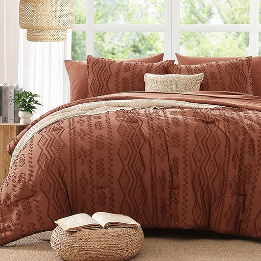King Size Comforter Set Autumn Leaf, Tufted Boho Bedding Farmhouse Bed Set, All Season 7 Pieces Bed in a Bag with Sheets, Pillowcases & Shams