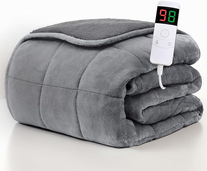 Homemate Heated Weighted Blanket for Adults - 50"x60" 12lbs Electric Throw Fast Heating Heavy Blanket 1/2/4/6/8 Hour Auto Off 10 Heat Levels Over-Heat Protection Comfortable Flannel Sherpa