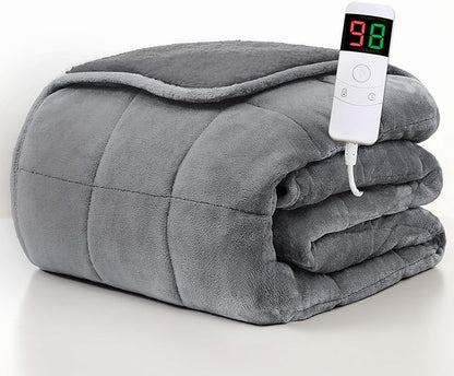 Homemate Heated Weighted Blanket for Adults - 50"x60" 12lbs Electric Throw Fast Heating Heavy Blanket 1/2/4/6/8 Hour Auto Off 10 Heat Levels Over-Heat Protection Comfortable Flannel Sherpa