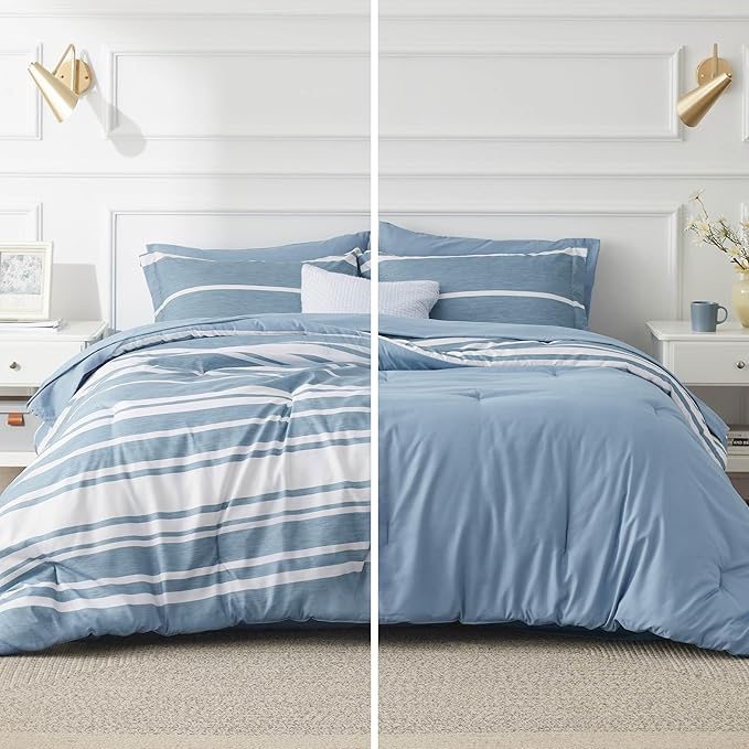 Bedsure King Comforter Set 7 Pieces, Grey Blue Striped Bedding Set for All Seasons, Reversible, Cationic Dyeing Bed in a Bag with Comforter, Sheets, Pillowcases & Shams