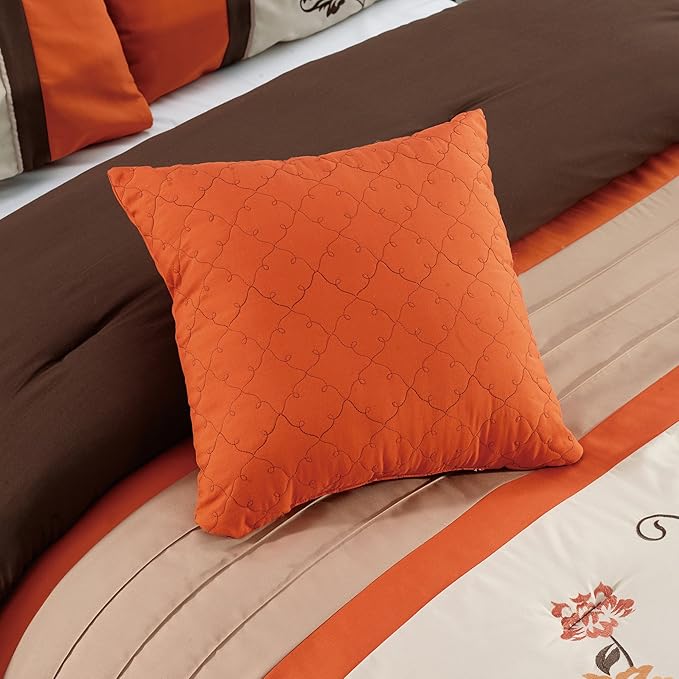 Chezmoi Collection Serene 7-Piece Luxury Autumn Floral Embroidery Comforter Set, Queen, Orange/Brown/Taupe