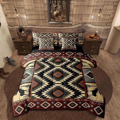 Erosebridal Buffalo Southwest Rustic 7-Piece Comforter Set Queen,Country Farmhouse Aztec Bedding Set for Teens Adult,Tribal Deer Sheets Wildlife Hunting Theme Duvet Insert Western Cabin Decor