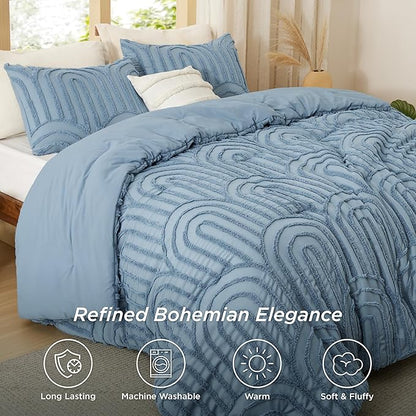 Bedsure Boho Tufted Blue Comforter Set Queen Size, GentleSoft™ 3 Pieces Boho Farmhouse Decor Bedding, Arch Shabby Chic Bedding for All Seasons, 1 Bed Comforter, 2 Pillow Shams, 90x90 Inches