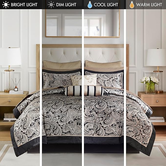 Madison Park Aubrey Cozy Comforter Set, Faux Silk Jacquard Paisley Design - All Season Down Alternative Bedding with Cotton Bed Sheets, Bed Skirt & Toss Pillows, Full Black 12 Piece