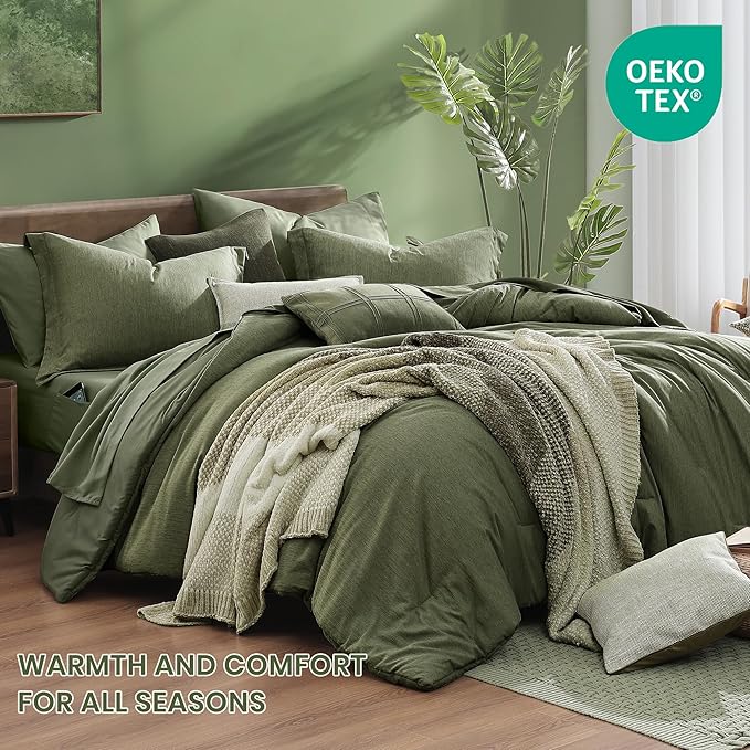 Monbix Super King Plus Size Comforter Set - 7 Pieces Cationic Dyeing Olive Green Bed in a Bag Bedding Sets with Comforter, Sheets, Pillowcases & Shams, Reversible Bedding Comforters Sets
