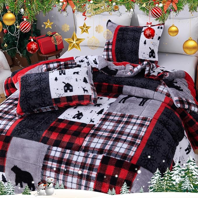 YIYEA Christmas Fluffy Queen Size Comforter Set, Luxury Faux Fur Comforter, Ultra Soft Plush Fuzzy Velvet Bedding Comforter Sets for Fall Winter, Cozy Warmth, No Shedding, 3PC, Queen