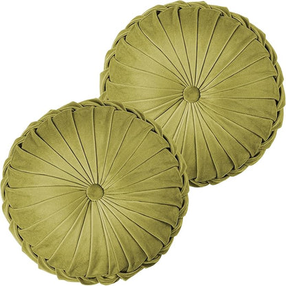 ROSE&RISY Round Pleated Velvet Throw Pillows, 2 Pcs Decorative Accent Pumpkin Pillow Cushion for Couch Sofa Chair Bed Car Home Decor (14.5 Inch, Olive Green)