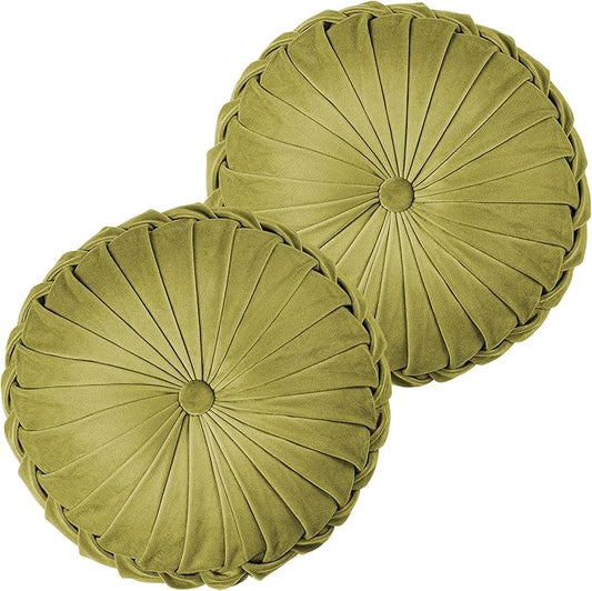 ROSE&RISY Round Pleated Velvet Throw Pillows, 2 Pcs Decorative Accent Pumpkin Pillow Cushion for Couch Sofa Chair Bed Car Home Decor (14.5 Inch, Olive Green)