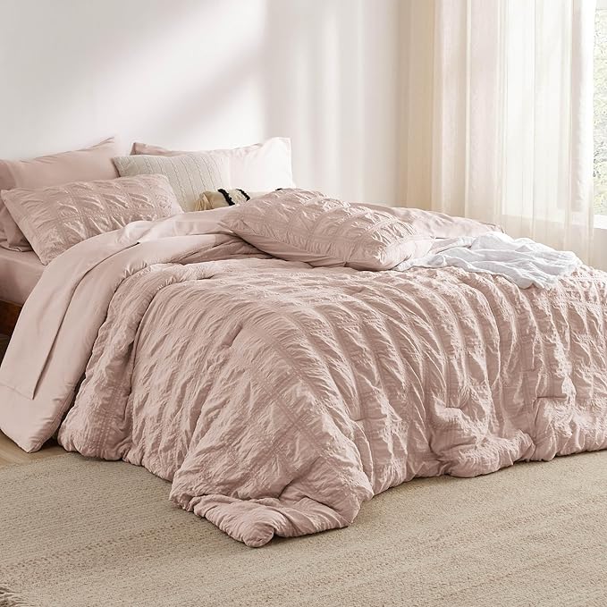 Bedsure Bed in a Bag Queen - 7 Pieces Plaid Seersucker Bedding Comforter Sets, Soft Lightweight Rose Dust Boho Bed Set with Comforters Queen Size, Sheets, Pillowcases & Shams