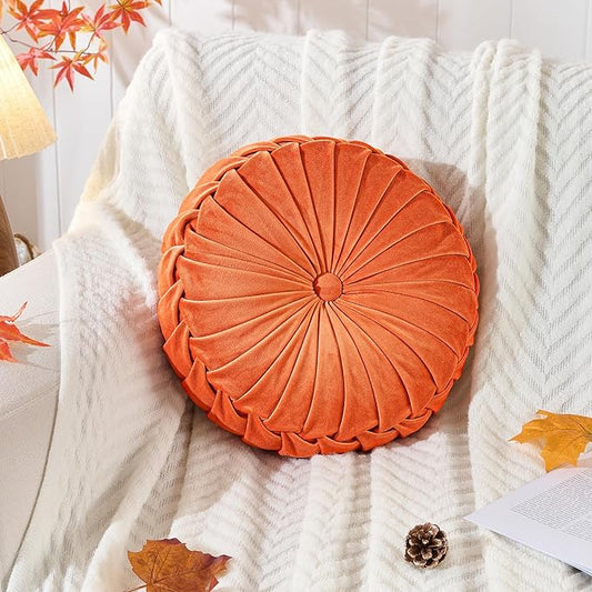 ROSE&RISY Round Pleated Hand-Stitched Velvet Throw Pillow, 1 Pcs Decorative Accent Pumpkin Pillow Cushion for Couch Sofa Chair Bed Car Home Decor (14.5 Inch, Orange)