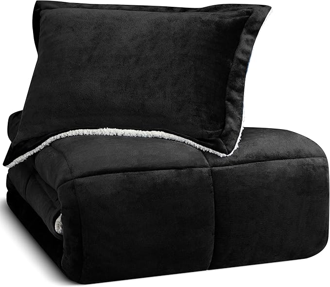 Utopia Bedding Micromink Sherpa Fleece Twin Comforter Set with 1 Pillow Sham, Plush and Warm Bedding Comforter Sets, Down Alternative Comforter, Ultra Soft and Cozy Comforter Set (Twin, Black)