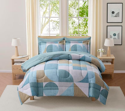 Geometric Comforter Set King Size with Sheets Bed in a Bag – Deep Pocket Fitted Sheet with Elastic Corners, Cozy Comforter, Pillowcases & Shams – Soft Microfiber All Season Bedding – Machine Washable