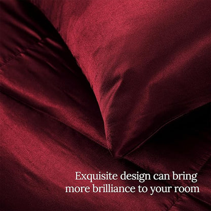 Whale Flotilla 2-Piece Reversible Silky Soft Twin Size Comforter Bedding Set, Luxurious Satin Comforters with Satin Pillowcase, Lightweight Duvet for All Seasons, Red