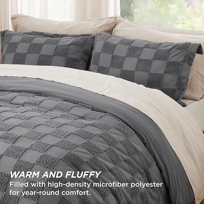 Bedsure Twin/Twin XL Comforter Set Dark Grey, Boho Tufted Bed Set, Checkered Farmhouse Shabby Chic Bedding, 2 Pieces, 1 Plaid Geometric Comforter and 1 Pillow Sham