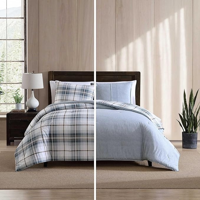 Eddie Bauer - Twin Comforter Set, Reversible Plaid Bedding with Matching Sham, Medium-Weight for Year Round Use, Dorm Essentials (Alder Blue/Grey)