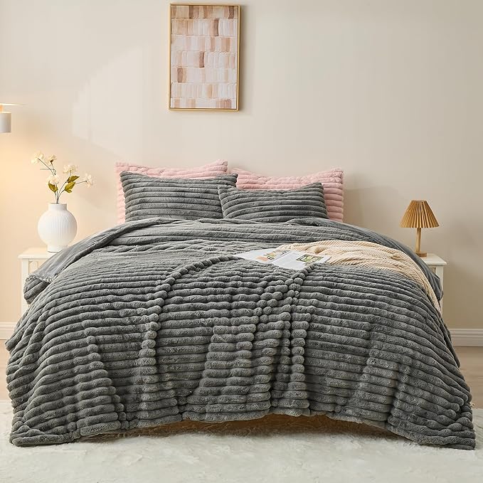 Simple&Opulence Fluffy Faux Fur Comforter Set, Plush Fuzzy Minky Bedding Set, 3 Pieces Warm Soft Comforter Bedding Set for Winter - 1 Shaggy Comforter with 2 Pillow Shams(Queen, Striped - Dark Grey)