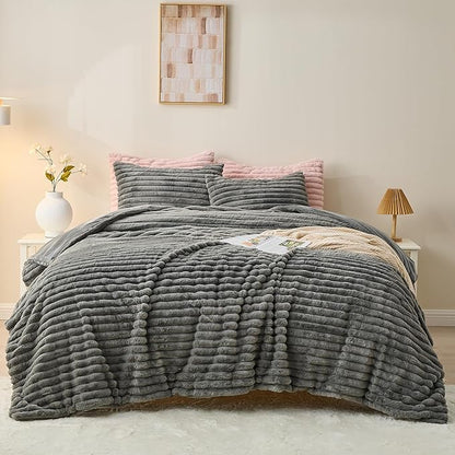 Simple&Opulence Fluffy Faux Fur Comforter Set, Plush Fuzzy Minky Bedding Set, 3 Pieces Warm Soft Comforter Bedding Set for Winter - 1 Shaggy Comforter with 2 Pillow Shams(Queen, Striped - Dark Grey)