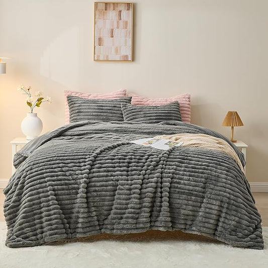 Simple&Opulence Fluffy Faux Fur Comforter Set, Plush Fuzzy Minky Bedding Set, 3 Pieces Warm Soft Comforter Bedding Set for Winter - 1 Shaggy Comforter with 2 Pillow Shams(King, Striped - Dark Grey)
